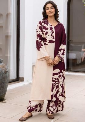 Beige Printed Viscose Kurta Set