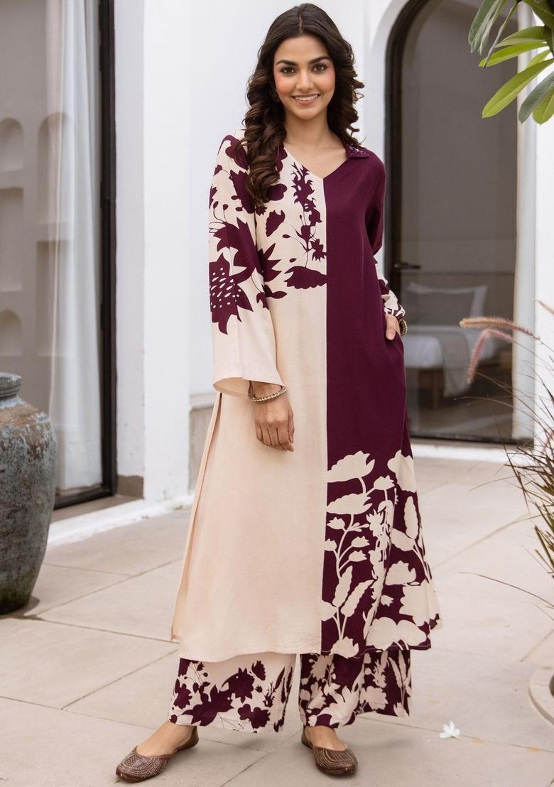 Beige Printed Viscose Kurta Set - Indya