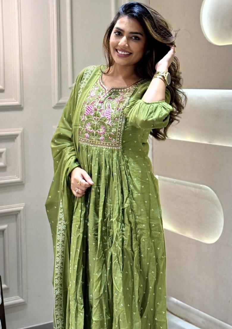 Green Printed Cotton Kurta Set - Indya