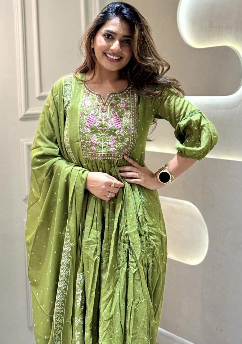 Green Printed Cotton Kurta Set - Indya