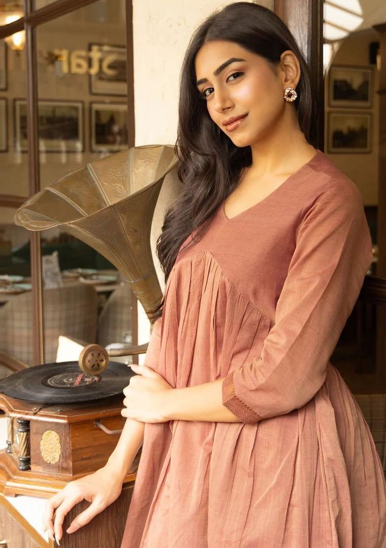 Peach Solid Viscose Kurta Set - Indya