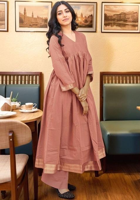 Peach Solid Viscose Kurta Set — view on Indya
