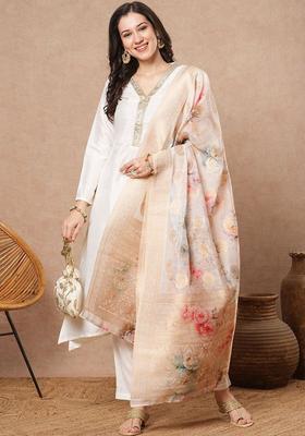 White Self Design Viscose Kurta Set