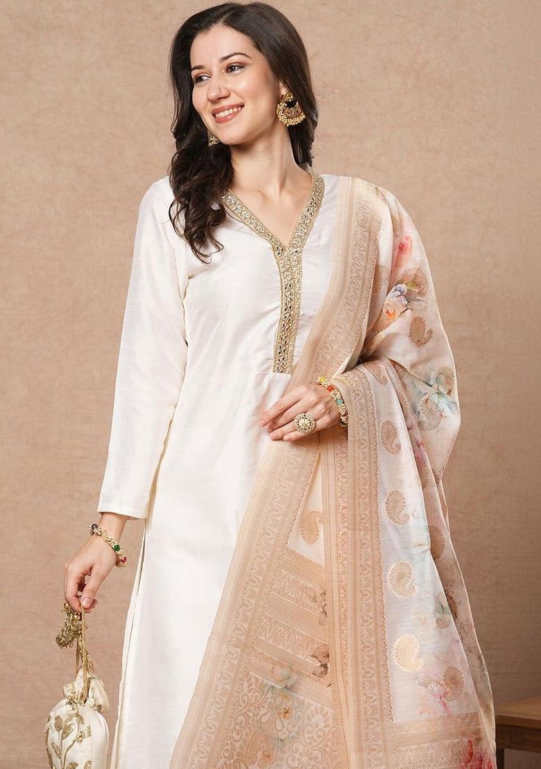 White Self Design Viscose Kurta Set - Indya