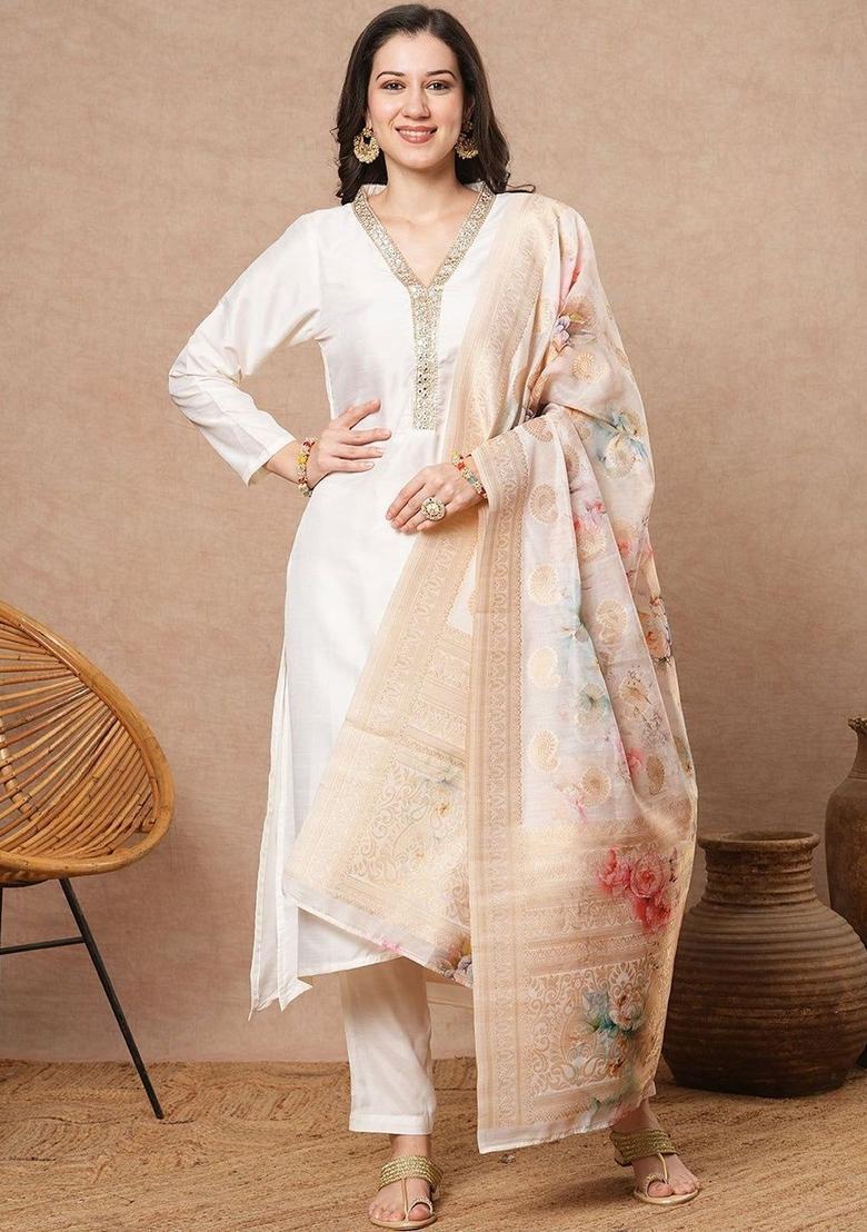 White Self Design Viscose Kurta Set - Indya