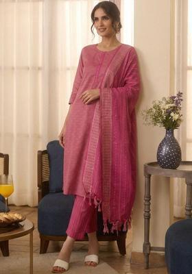 Pink Self Design Cotton Kurta Set