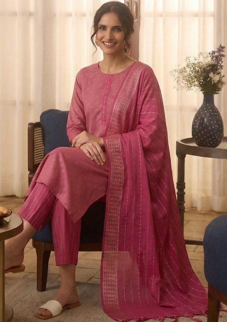 Pink Self Design Cotton Kurta Set - Indya