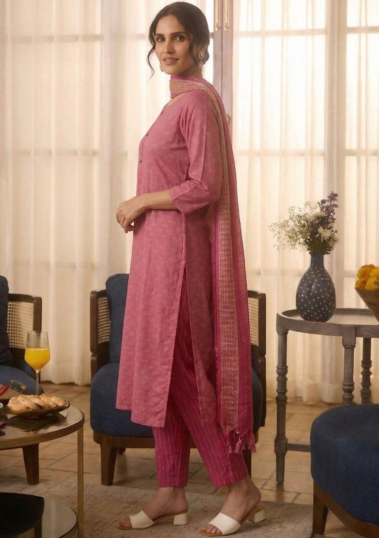 Pink Self Design Cotton Kurta Set - Indya