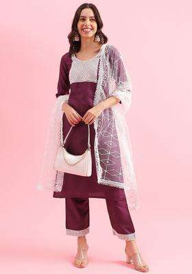 Purple Embroidered Silk Blend Kurta Set