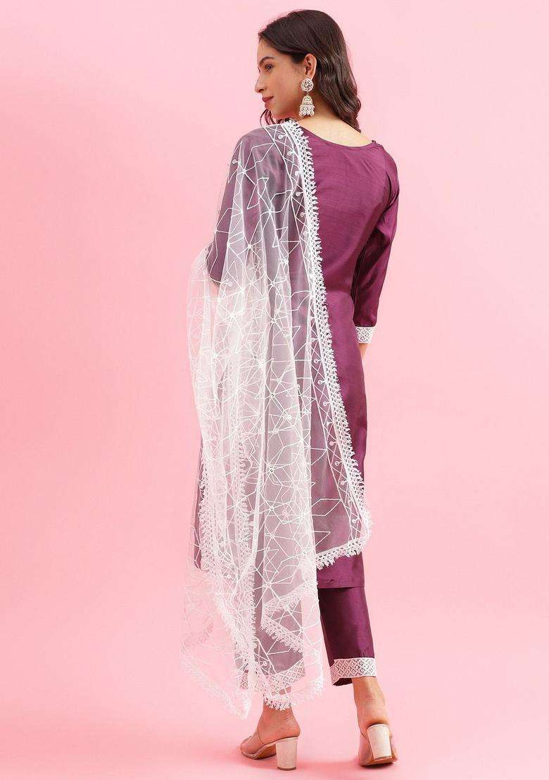 Purple Embroidered Silk Kurta Set - Indya