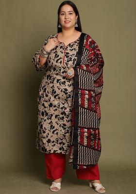 Beige Printed Cotton Kurta Set