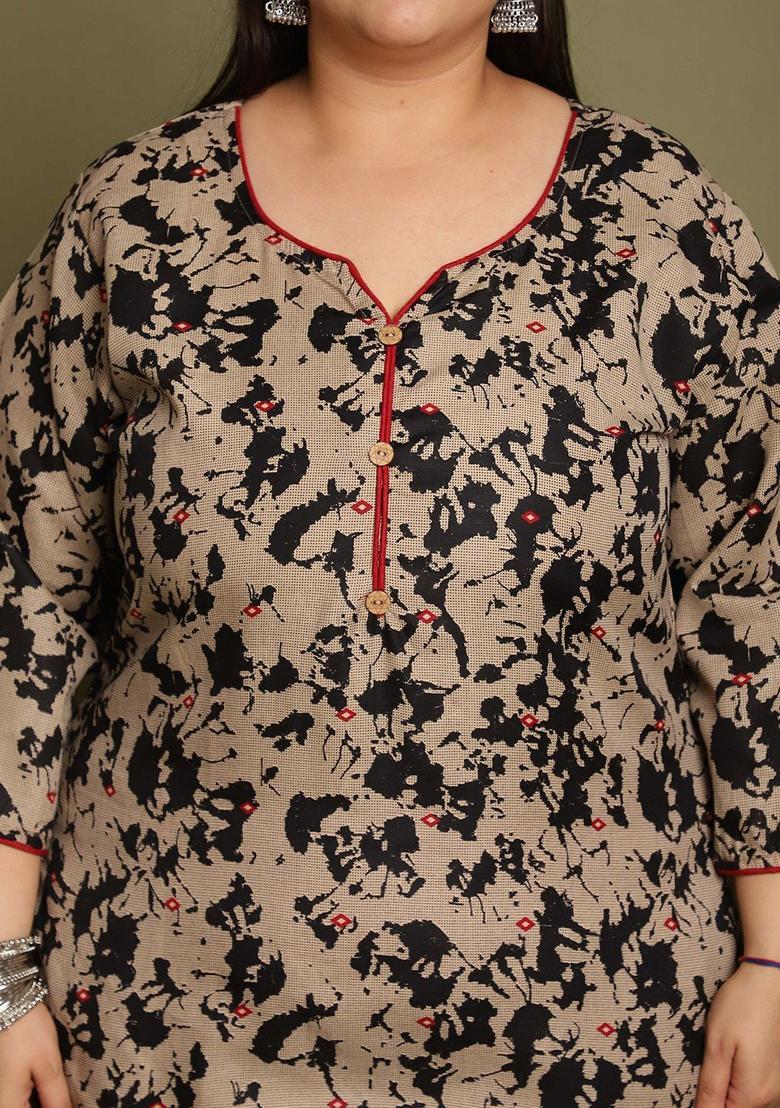Beige Printed Cotton Kurta Set - Indya
