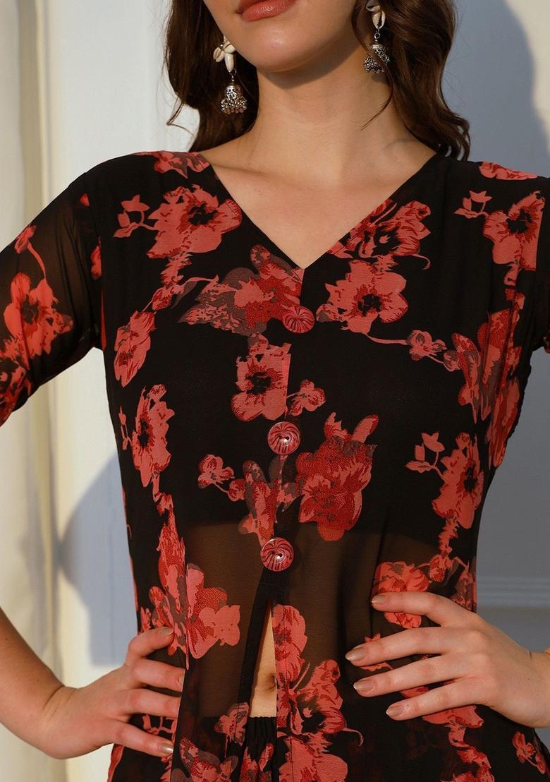 Black Printed Georgette Kurta Set - Indya