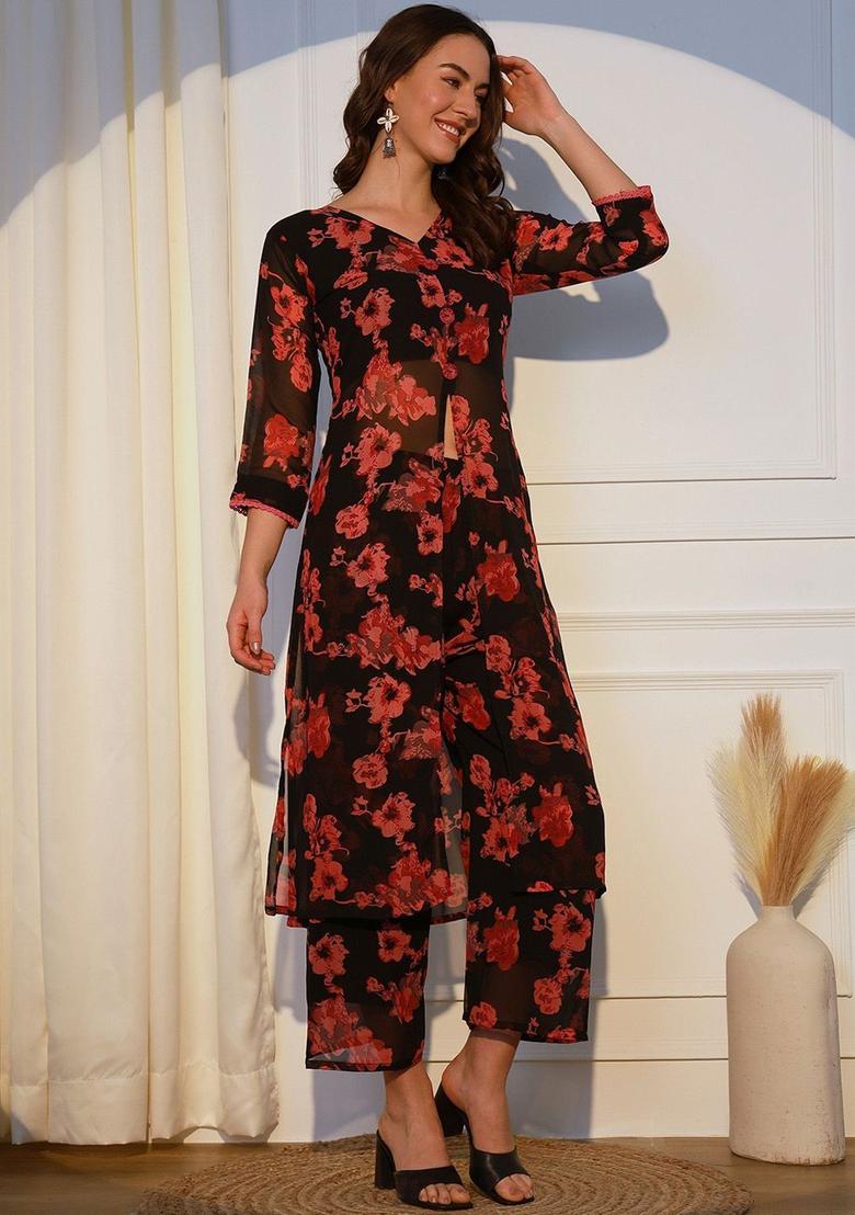 Black Printed Georgette Kurta Set - Indya