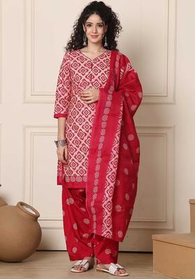 Beige Printed Cotton Kurta Set