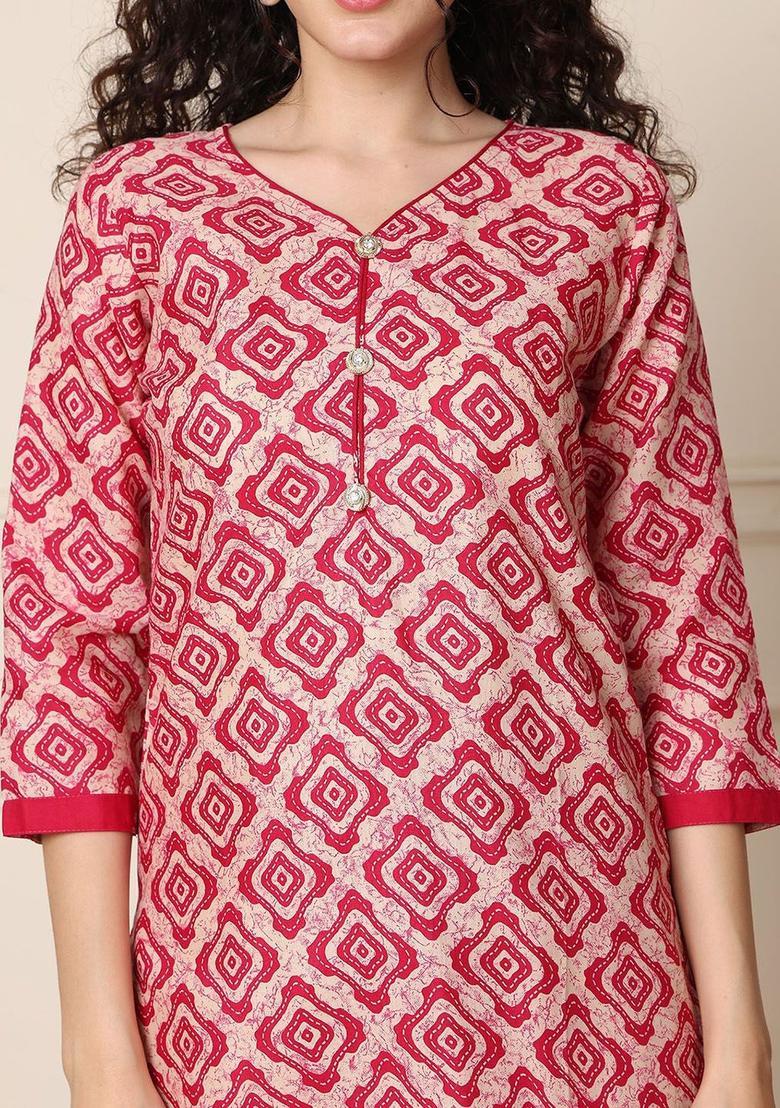 Beige Printed Cotton Kurta Set - Indya