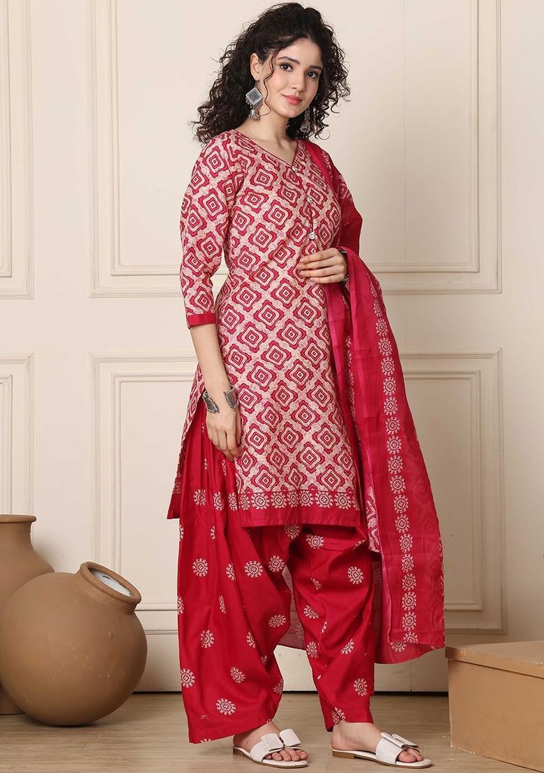 Beige Printed Cotton Kurta Set - Indya