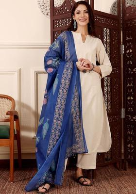 Beige Solid Silk Blend Kurta Set