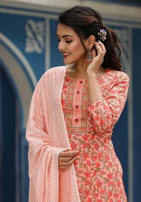 Peach Printed Viscose Kurta Set