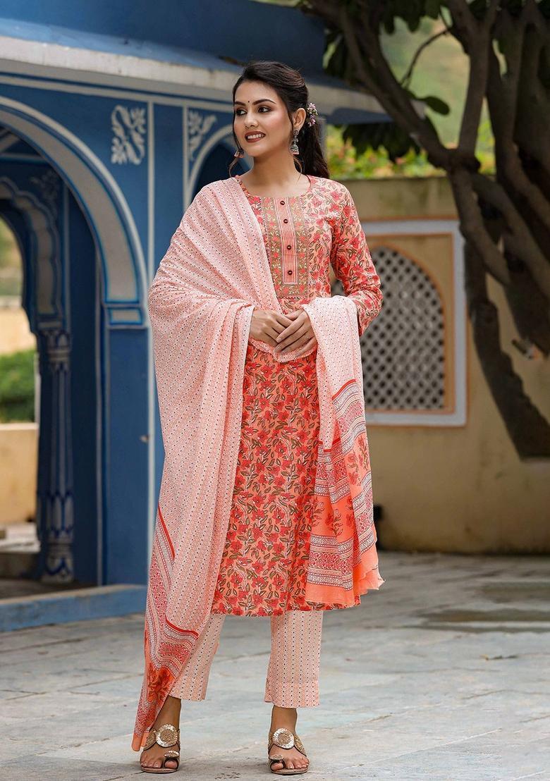 Peach Printed Viscose Kurta Set - Indya