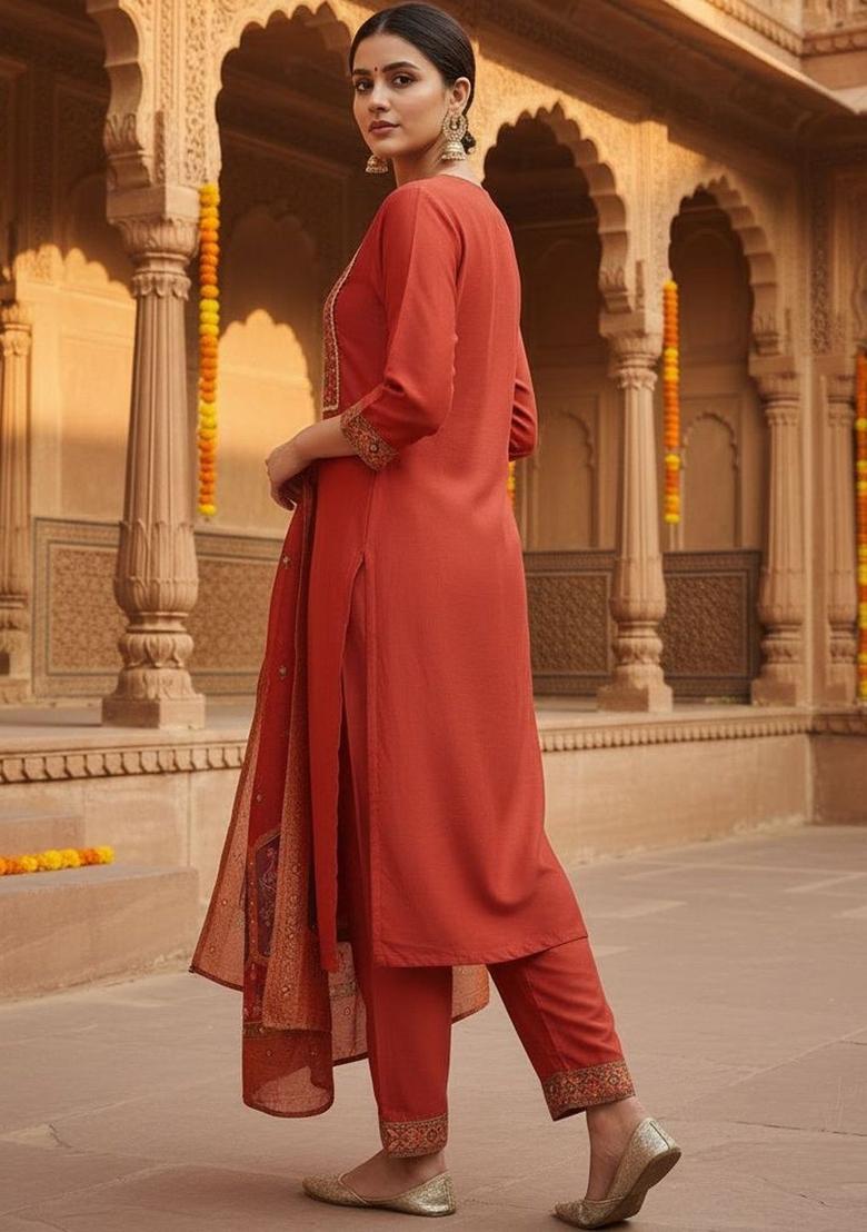 Orange Self Design Chinon Kurta Set - Indya