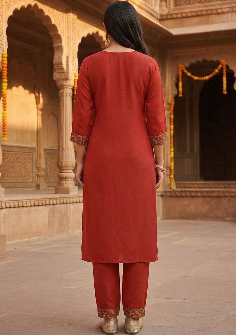 Orange Self Design Chinon Kurta Set - Indya
