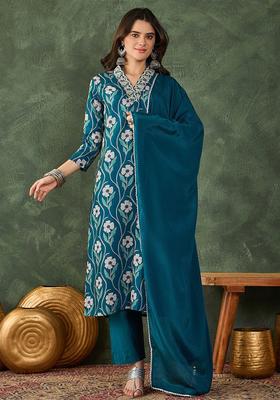 Grey Printed Viscose Kurta Set