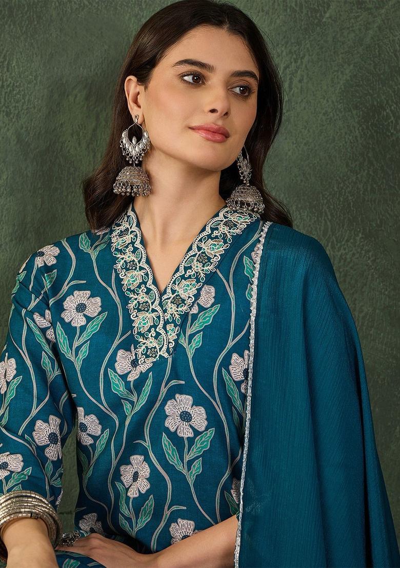 Grey Printed Viscose Kurta Set - Indya
