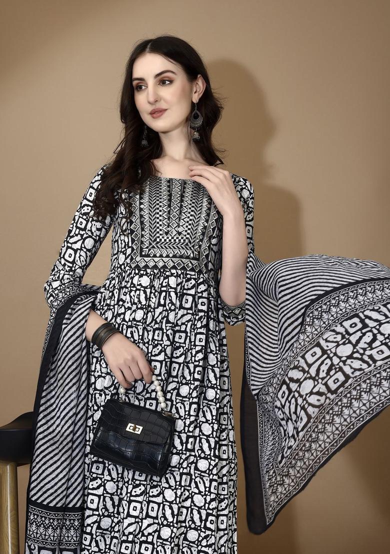 Black Printed Viscose Kurta Set - Indya