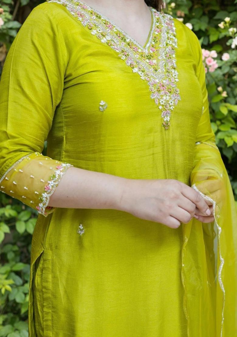 Green Self Design Silk Kurta Set - Indya