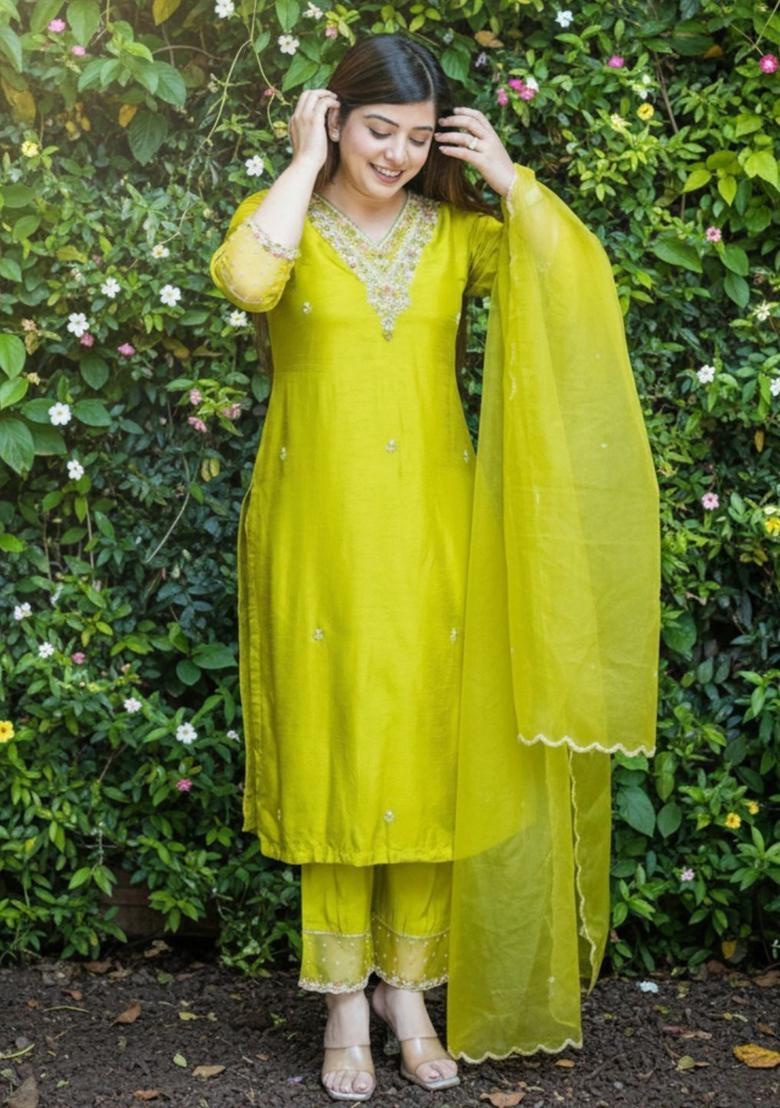 Green Self Design Silk Kurta Set - Indya
