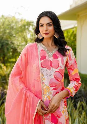 Peach Printed Viscose Kurta Set