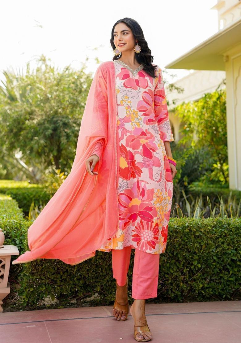 Peach Printed Viscose Kurta Set - Indya