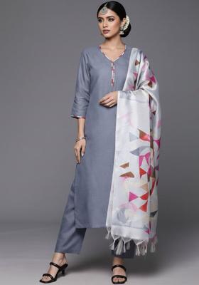 Grey Solid Cotton Kurta Set