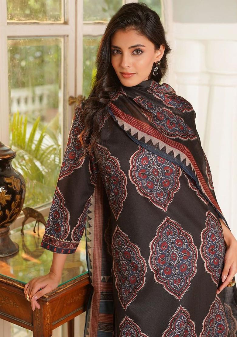 Black Printed Viscose Kurta Set - Indya