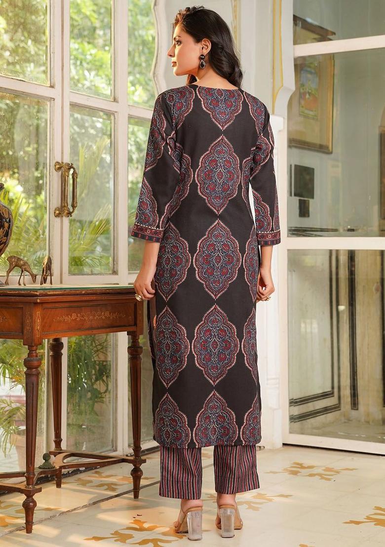 Black Printed Viscose Kurta Set - Indya
