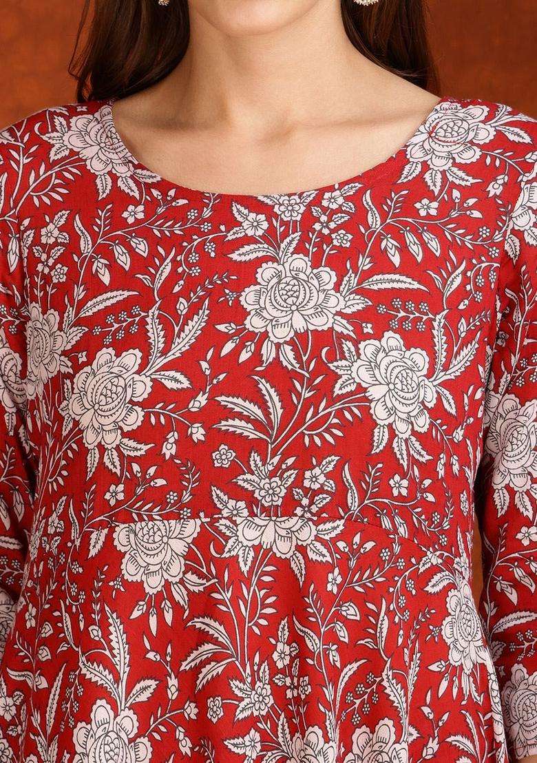Maroon Printed Cotton Kurta Set - Indya