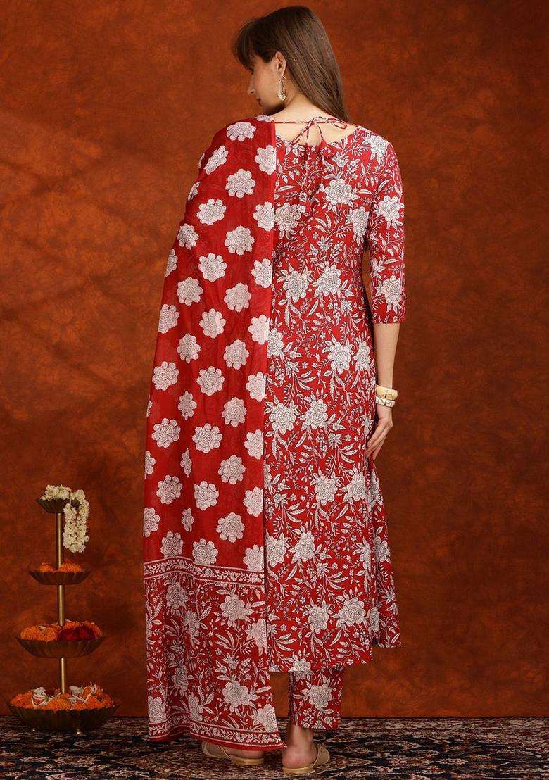 Maroon Printed Cotton Kurta Set - Indya