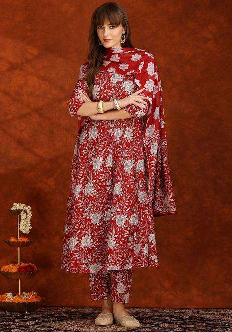 Maroon Printed Cotton Kurta Set