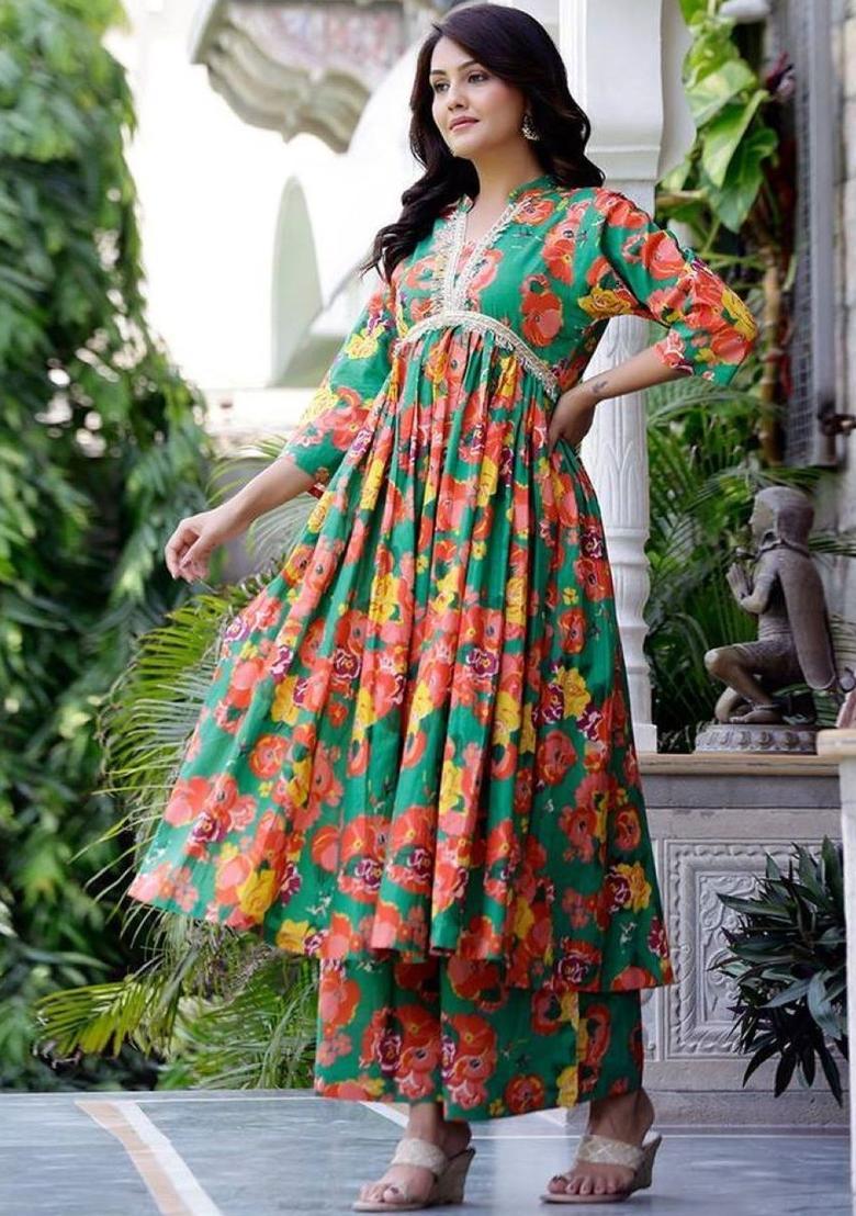 Green Viscose Kurta Set - Indya
