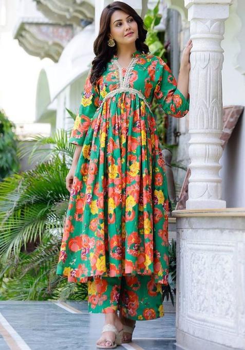 Green Viscose Kurta Set — view on Indya
