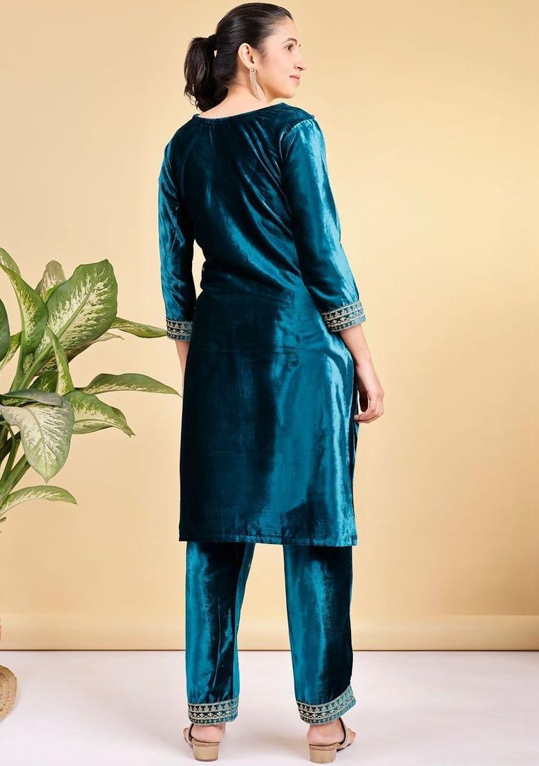 Blue Embroidered Velvet Kurta Set - Indya