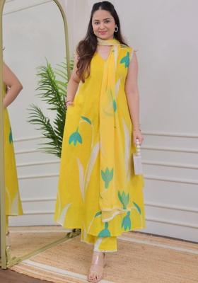 Yellow Printed Viscose Kurta Set