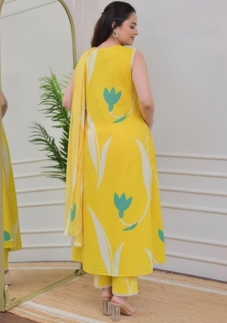 Yellow Printed Viscose Kurta Set - Indya