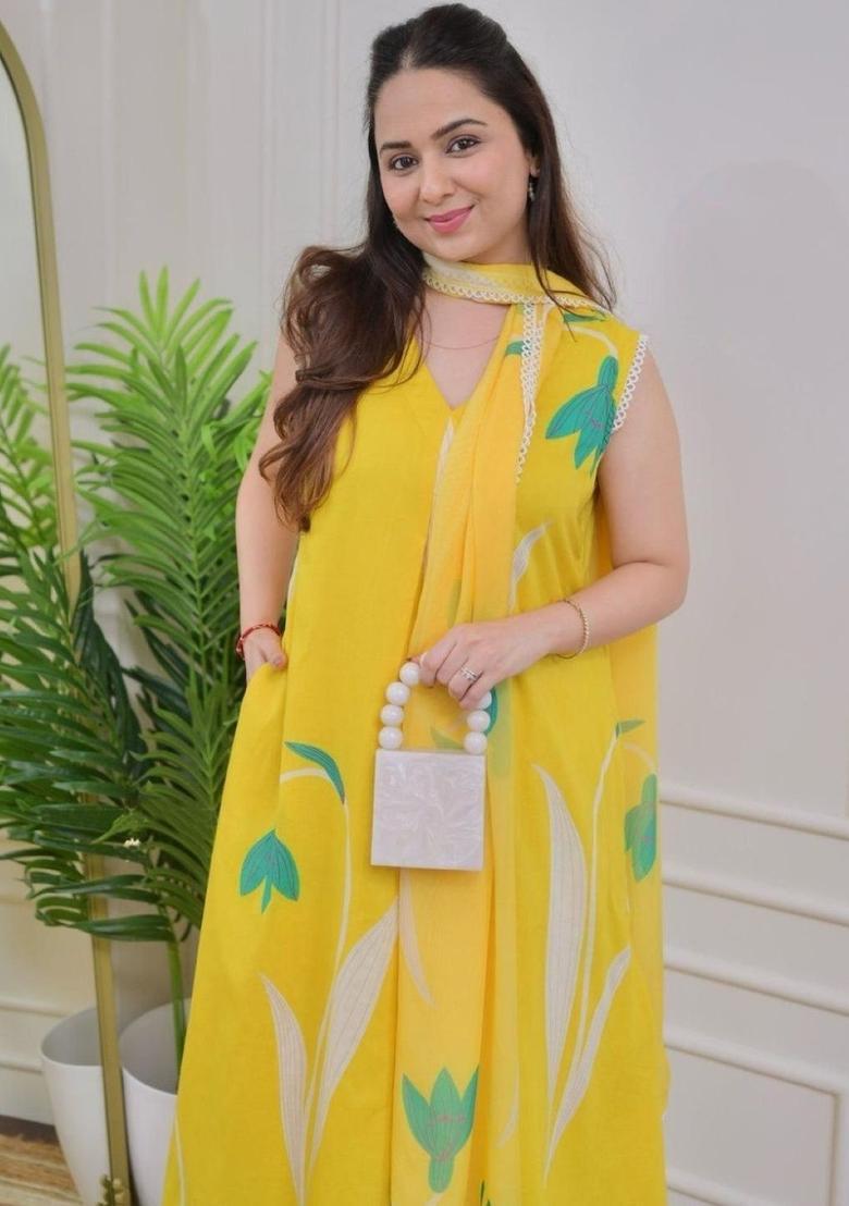 Yellow Printed Viscose Kurta Set - Indya
