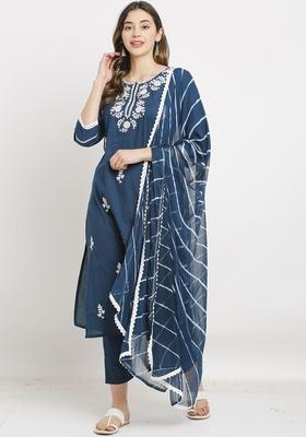 Blue Embroidered Cotton Kurta Set