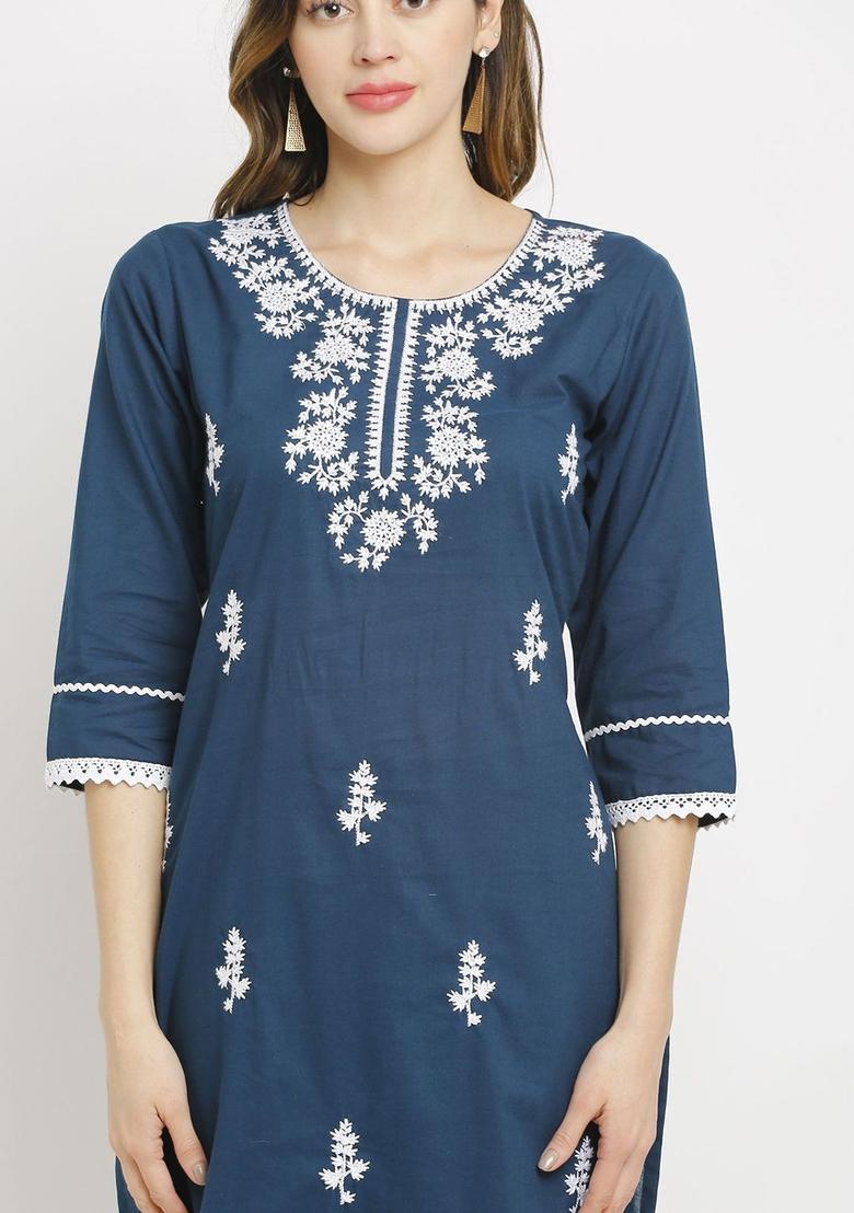Blue Embroidered Cotton Kurta Set - Indya