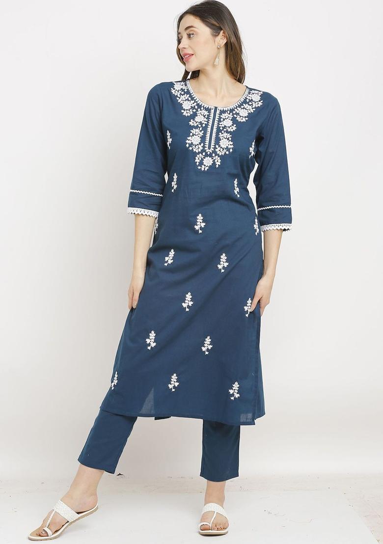 Blue Embroidered Cotton Kurta Set - Indya