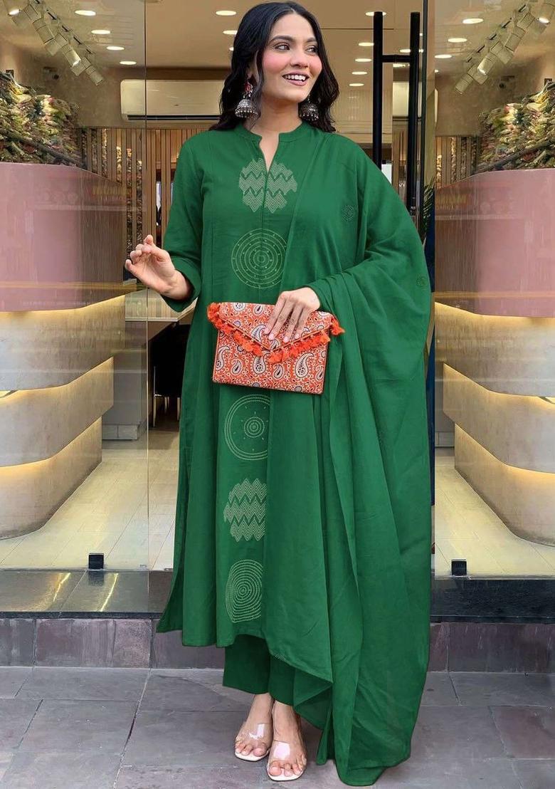 Green Printed Viscose Kurta Set - Indya