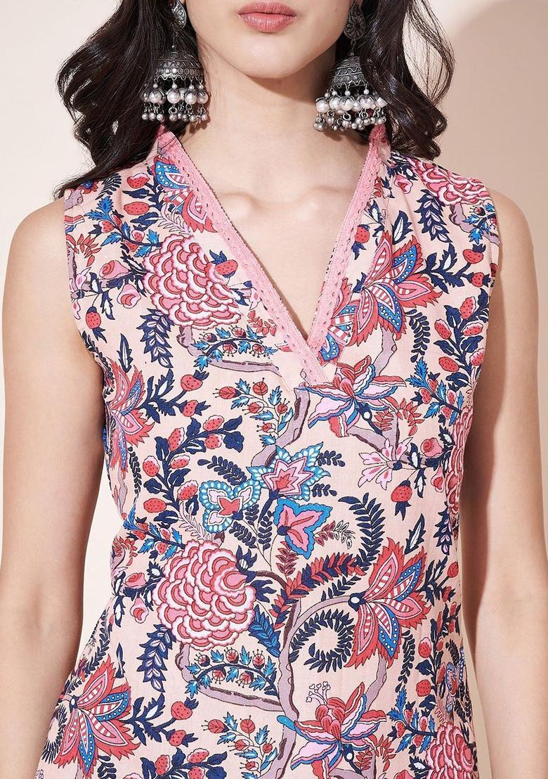 Pink Printed Cotton Kurta Set - Indya